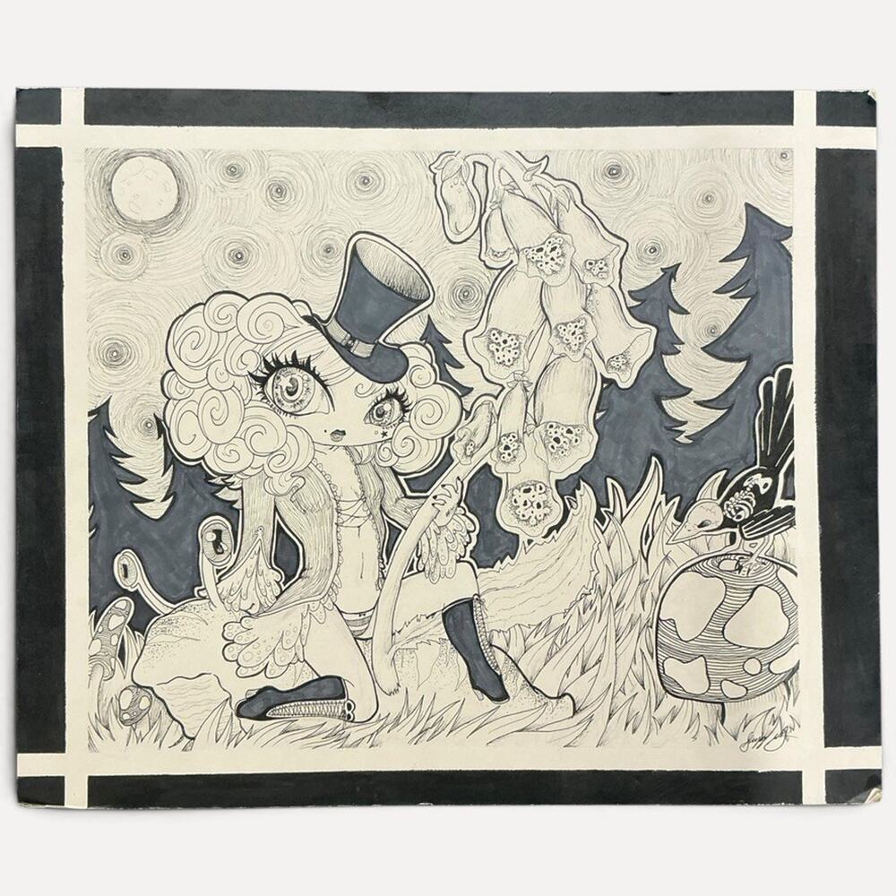 Suzeru-Chan Original Ink Marker Drawing 15x18 Big Eye Girl Top Hat Foxglove Art